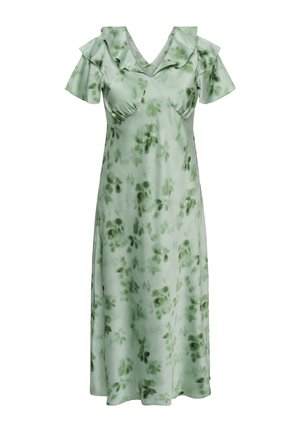 Hele-roheline midi-kleit tumerohelise lillemustriga, volditud V-kaeluse ja lühikeste lendlevate varrukatega.