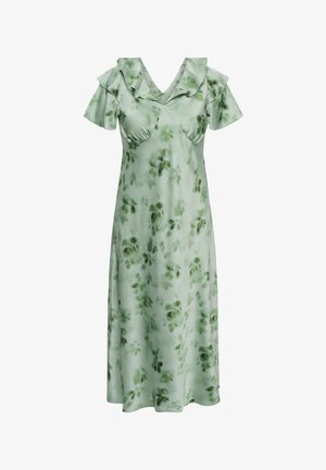 Hele-roheline midi-kleit tumerohelise lillemustriga, volditud V-kaeluse ja lühikeste lendlevate varrukatega.