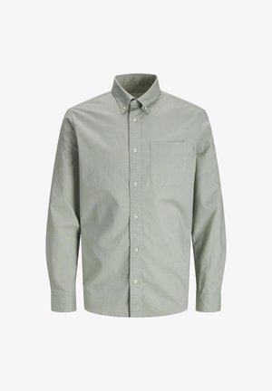 Cămașă button-up de un verde deschis, realizată din bumbac. Are mâneci lungi, guler și un singur buzunar frontal. Material texturat cu un luciu subtil.