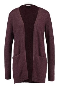 Viininpunainen neule takki, jossa on V-pääntie, avoin etuosa, ribbireunat ja kaksi etutaskua. Pehmeä pinta ja rento, huoleton muotoilu.