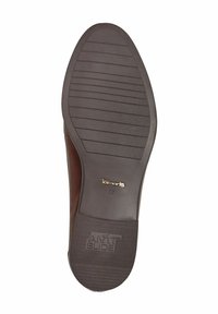 Braune Schuhsohle mit strukturierten Rillen für besseren Halt, mit "Anti Slide"-Markierung und in Gold eingeprägter Größe "37". Glatte Oberfläche, abgerundete Form.