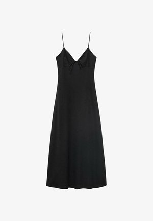 Abito nero a sottoveste con spalline sottili, scollatura a V e un dettaglio con fiocco sul davanti. Tessuto morbido, design fino al ginocchio.