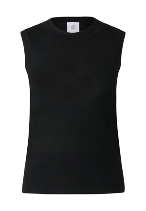 Černý svetřík bez rukávů z měkké pleteniny, s žebrovaným okruhem kolem krku a lemem. Jemná textura bez dalších vzorů či ozdob.