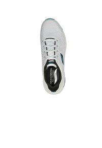 Zapatilla Skechers blanca con parte superior de malla, acentos azules y plantilla negra. Presenta cordones y un diseño de puntera redondeada.