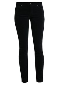 Černé kordové skinny kalhoty s hladkým povrchem, pěti kapsami a zapínáním na knoflík. Mají jemné prošívání a přiléhavý střih nohavic.
