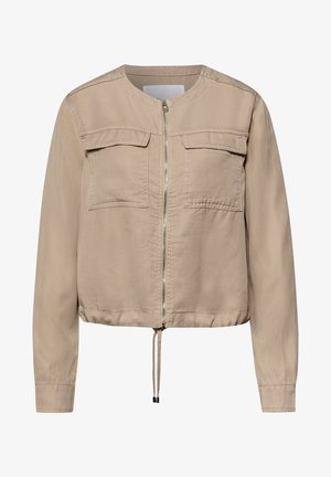 Beige leichte Jacke mit Frontreißverschluss, zwei Brustklappentaschen, langen Ärmeln, rundem Halsausschnitt und verstellbarem Kordelzugsaum.