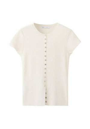 Cardigan crème à manches courtes avec col rond et rangée verticale de petits boutons sur le devant.