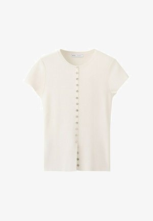 Cardigan crème à manches courtes avec col rond et rangée verticale de petits boutons sur le devant.