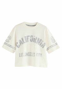 Krémové zkrácené tričko, bavlněný materiál, s potiskem "CALIFORNIA 1982 LOS ANGELES CITY" v opotřebovaném šedém provedení, krátké rukávy.