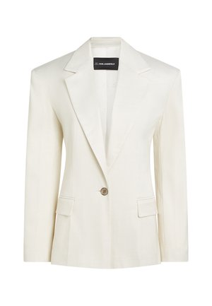 Εξατομικευμένο λευκό σακάκι με ένα κουμπί, με γιακά με σχισμή, τσέπες με καπάκι και μαύρη ετικέτα Karl Lagerfeld στο εσωτερικό του γιακά.