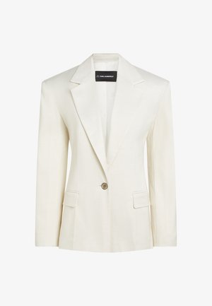 Εξατομικευμένο λευκό σακάκι με ένα κουμπί, με γιακά με σχισμή, τσέπες με καπάκι και μαύρη ετικέτα Karl Lagerfeld στο εσωτερικό του γιακά.