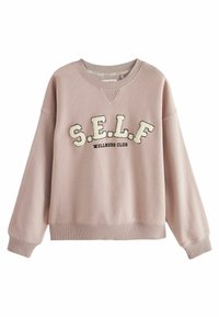 Helles rosa Sweatshirt aus weichem Stoff. Verfügt über gerippte Bündchen und Saum, mit "S.E.L.F. WELLNESS CLUB" in kontrastierenden Farben bestickt.