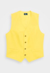 Žlutá přesně střihaná vesta s výstřihem do V, pěti hnědými knoflíky a dvěma předními kapsami. Vyrobena z lehkého materiálu s hladkou texturou.