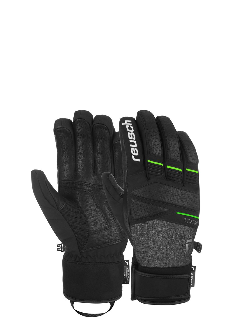 Gants d'hiver noirs avec paume en cuir, dos en tissu et accents verts. Les caractéristiques incluent un rembourrage sur les doigts, un poignet ajustable et un poignet élastique.
