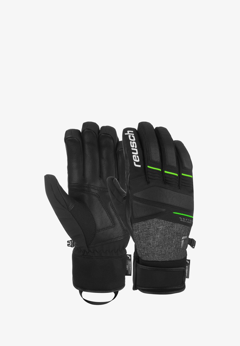 Gants d'hiver noirs avec paume en cuir, dos en tissu et accents verts. Les caractéristiques incluent un rembourrage sur les doigts, un poignet ajustable et un poignet élastique.