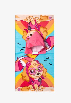 Pink hooded towel featuring a cartoon dog on a blue background with a rainbow, pink umbrella, and summer-themed designs. Soft texture.