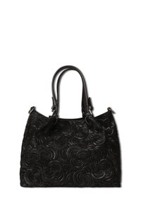 Un sac à main en cuir noir avec des motifs en relief en forme de cercles tourbillonnants et deux poignées sur fond blanc.