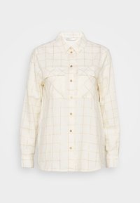 Camicia a quadri crema con motivo a griglia dorata, due tasche sul petto, chiusura a bottoni e maniche lunghe. Realizzata in un tessuto morbido e leggero.
