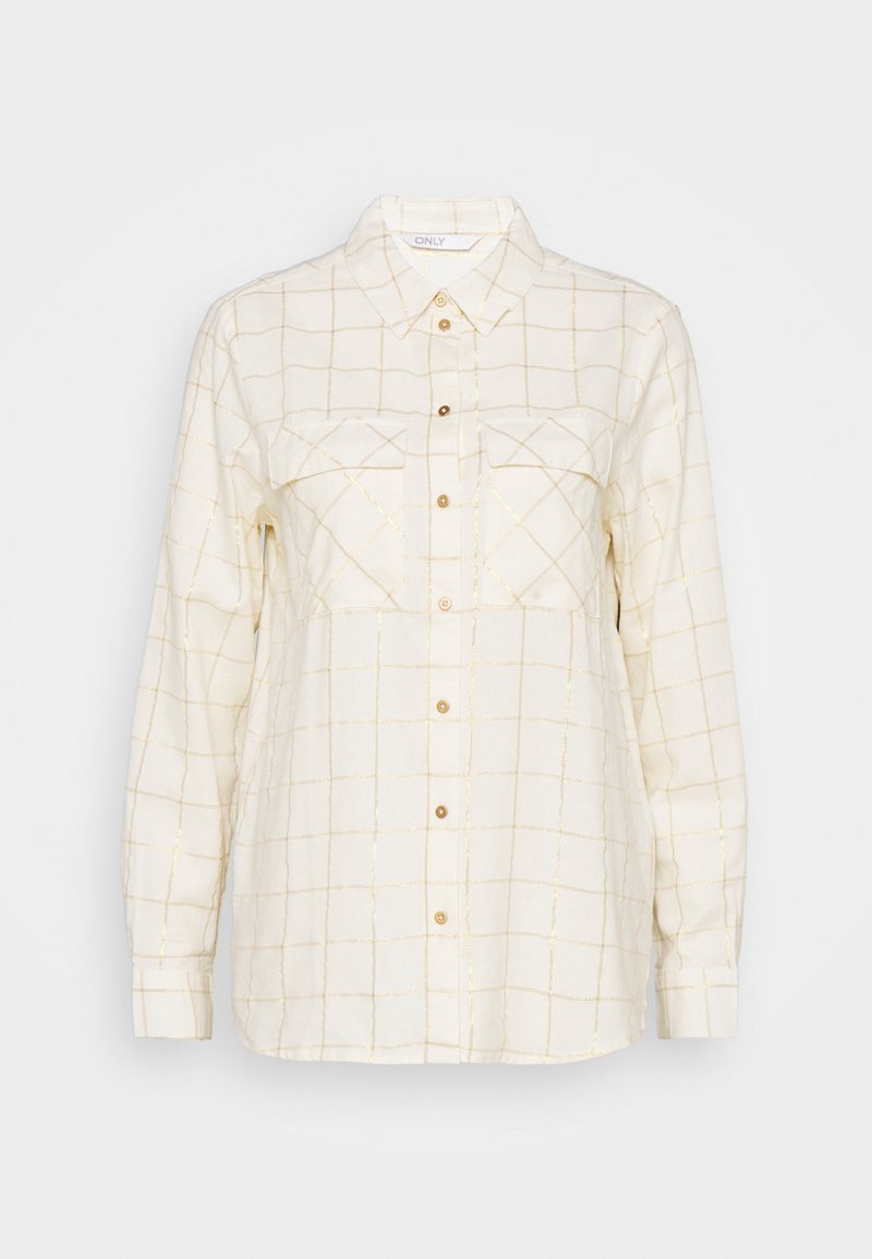 Camicia a quadri crema con motivo a griglia dorata, due tasche sul petto, chiusura a bottoni e maniche lunghe. Realizzata in un tessuto morbido e leggero.