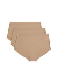 Beiga högmidjade trosor i ett mjukt, elastiskt tyg. Tre par staplade, med en sömlös design och utan synlig trim.