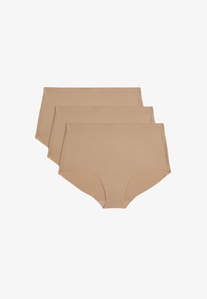 Slip beige a vita alta in un tessuto morbido e elasticizzato. Tre paia impilati, con un design senza cuciture e senza finiture visibili.
