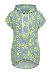 Short-sleeve gray hooded top with yellow sun, shell, and wave patterns and white drawstrings with yellow tips.