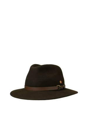 Dark brown felt fedora with a creased crown and a narrow leather band featuring a small buckle detail.