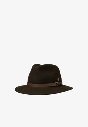 Dark brown felt fedora with a creased crown and a narrow leather band featuring a small buckle detail.