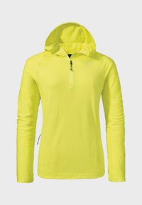 Leichte, leuchtend gelbe Kapuzenjacke mit halbem Reißverschluss, langen Ärmeln und strukturiertem Innenfutter. Verfügt über eine seitliche Reißverschlusstasche und ein Logo-Detail.