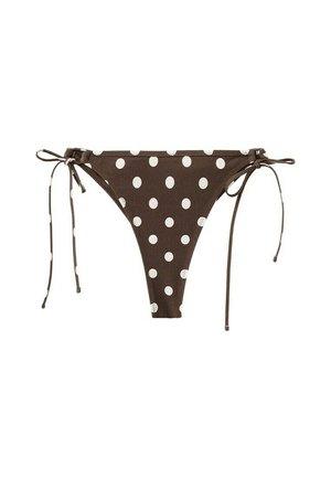 Chilot de bikini maro cu buline albe și șnururi laterale ajustabile, conceput pentru îmbrăcăminte de baie.