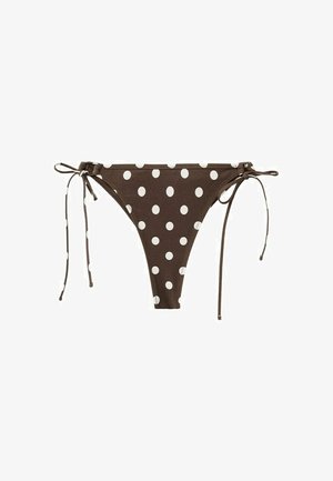 Chilot de bikini maro cu buline albe și șnururi laterale ajustabile, conceput pentru îmbrăcăminte de baie.