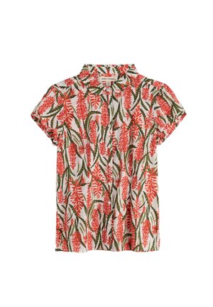 Blusa de manga corta con botones, con estampado de flores rojas y hojas verdes sobre fondo blanco, cuello extendido, de Seasalt Cornwall.