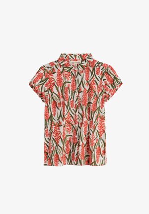 Korte mouwen blouse met knopen, rood bloemen- en groen bladmotief op witte achtergrond, met spreidkraag, van Seasalt Cornwall.