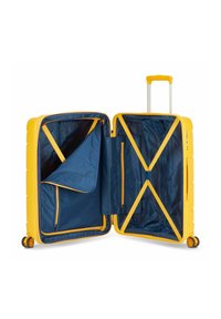 Valigia rigida gialla con scomparti interni in tessuto blu, tasche con cerniera e cinghie incrociate per fissare il contenuto; ruote che scorrono facilmente.