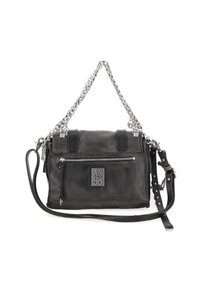 Sac à main en cuir noir avec des détails cousus, poignées en chaîne argentées, fermeture éclair, poche avant et plaque de logo. Sangle ajustable incluse.