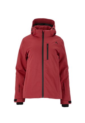 Red waterproof jacket with a detachable hood, full-length zipper, black accents, and a zippered chest pocket. Features elastic cuffs.