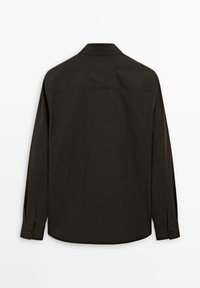 Dark brown long-sleeve shirt with a collar, button cuffs, and a straight hem. The fabric appears smooth without visible patterns or accents.