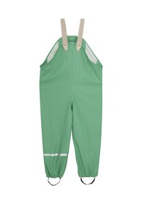 Grønne vandtætte overalls med justerbare beige stropper, elastiske manchetter og reflekterende striber. Glat tekstur med et minimalistisk design.
