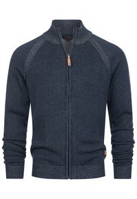 Cardigan in maglia blu navy con collo alto, zip frontale, polsini e orlo a coste. Presenta un motivo testurizzato e un piccolo marchio in pelle.