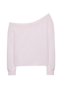 Hellrosa schulterfreier Pullover mit langen Ärmeln, weicher Textur und lockerer Passform. Schlichtes Design, ohne auffällige Muster oder Akzente.