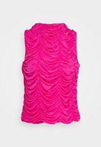 Top sem mangas rosa com um design texturizado e gather, apresentando pregas onduladas, feito de um tecido suave, destacando uma cor vibrante e profundidade.