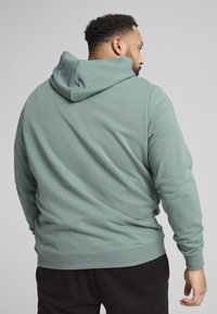Sweat à capuche en vert pastel, fabriqué à partir de tissu doux, doté d'une poche kangourou, de poignets et d'une taille côtelés. Design minimal, sans motifs.