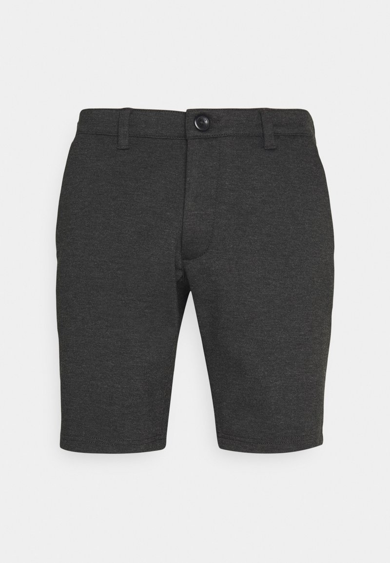 Pantaloni grigi scuri in un tessuto morbido e testurizzato. Presentano una chiusura con bottone, passanti per la cintura e un taglio dritto classico poco sopra il ginocchio.