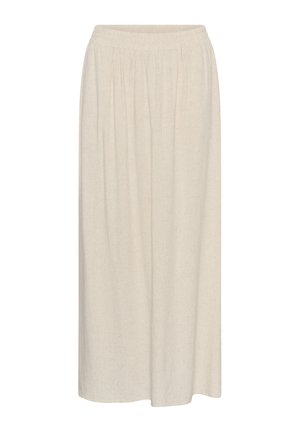 Dlouhá béžová sukně s elastickým pasem a měkkými záhyby, vyrobená z lehké látky, zobrazena na bílém pozadí.