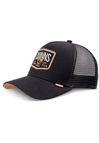 Svarte cap med mesh bak, med et brodert merke med "DUINS" og en grafikk. Flat skygge og læraktig aksent på visiret.