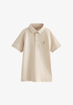 Beige polo tričko vyrobené z bavlny, s límečkem, dvěma knoflíky a malým logem humra na levé straně hrudi.