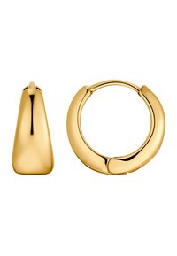 Goldfarbene Metallohrringe mit einem glatten, abgerundeten, runden Ring und einem spitz zulaufenden, dreieckigen Akzentstück. Polierte Oberfläche ohne Verzierungen.