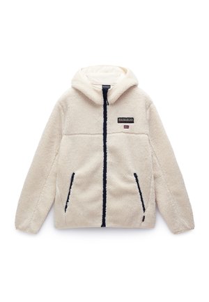 Giacca in pile crema con cappuccio, cerniera frontale, due tasche con zip e piccolo logo sul petto.