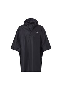 Zwarte lichtgewicht poncho met een capuchon, halve ritssluiting aan de voorkant en drukknopen aan de zijkanten. Gemaakt van waterproof materiaal en voorzien van een logo op de borst.