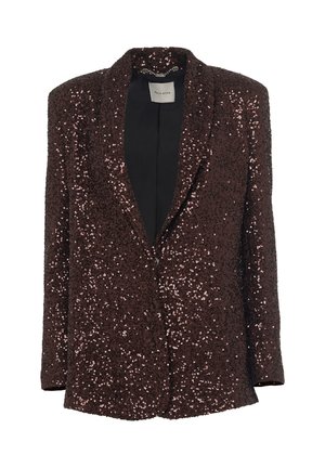 Blazer marrone con paillettes, chiusura a singolo bottone, rever e maniche lunghe. Fodera interna liscia. Texture e finitura scintillanti.